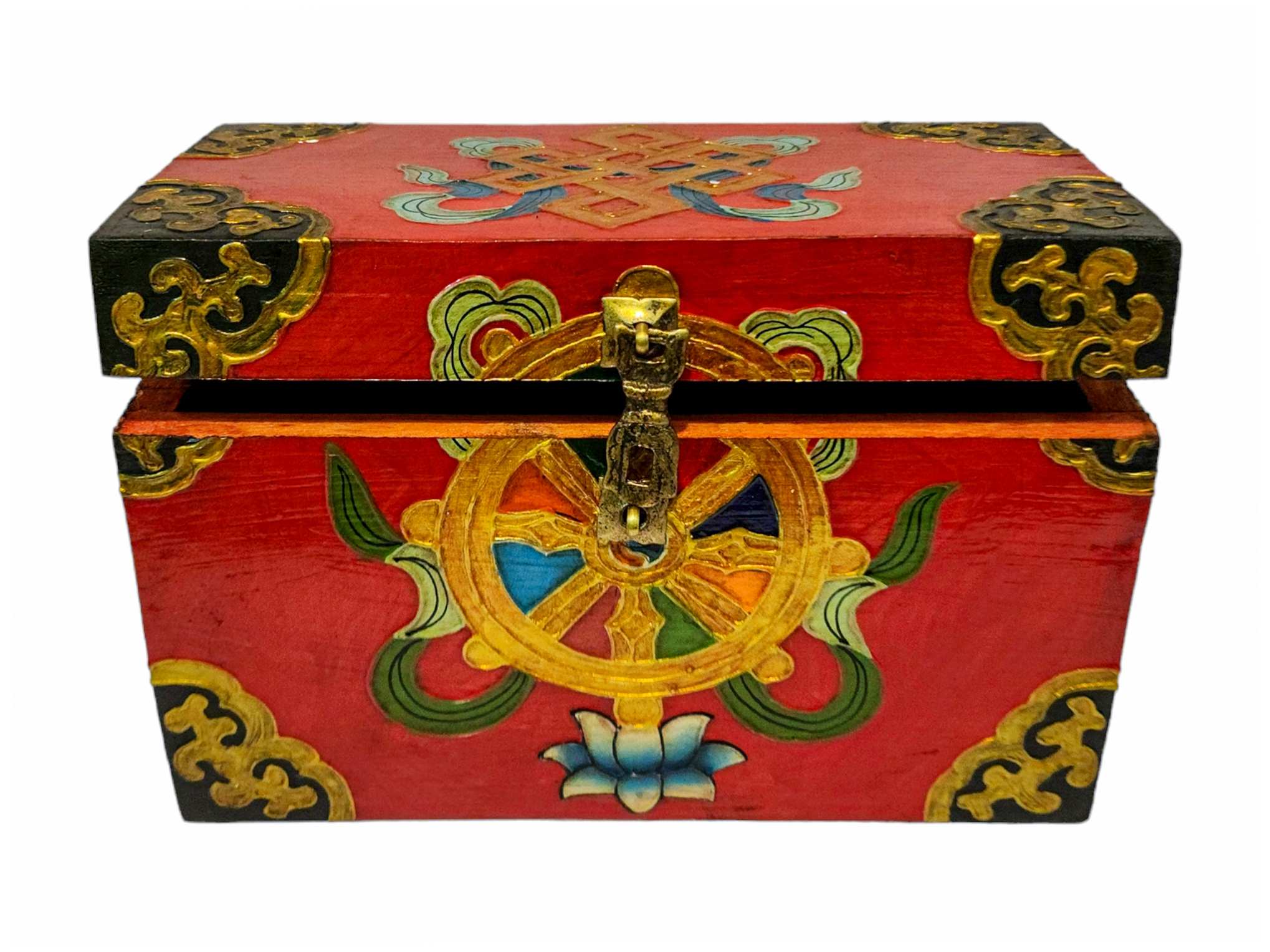 Tibetan Ritual Wooden Box, Traditional Color Painted