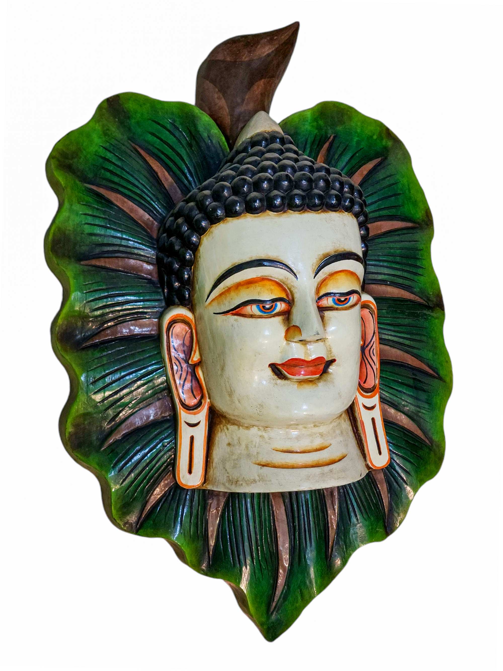 leaf Buddha, Handmade Wooden Mask, Wall Hanging, painted, Poplar Wood