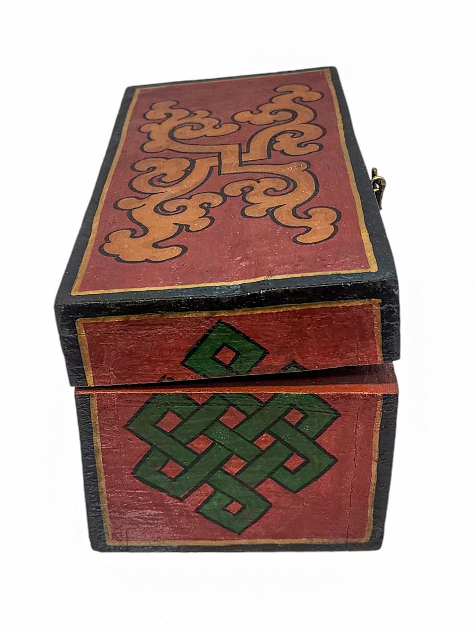 Tibetan Ritual Wooden Omph Box, Traditional Color Painted