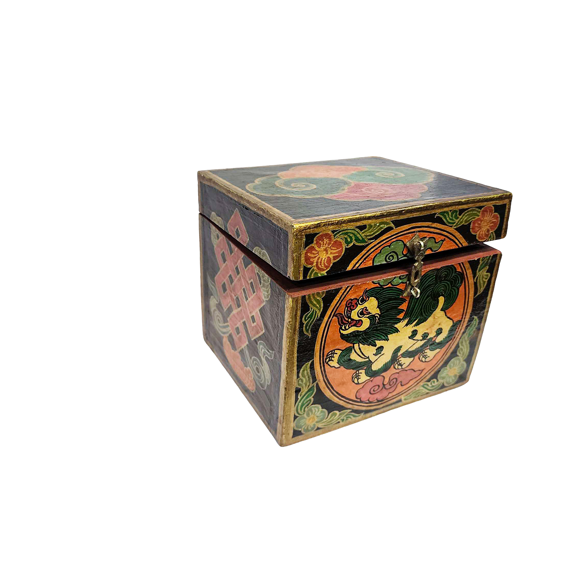 Tibetan Ritual Wooden Lion Box, Traditional Color Painted