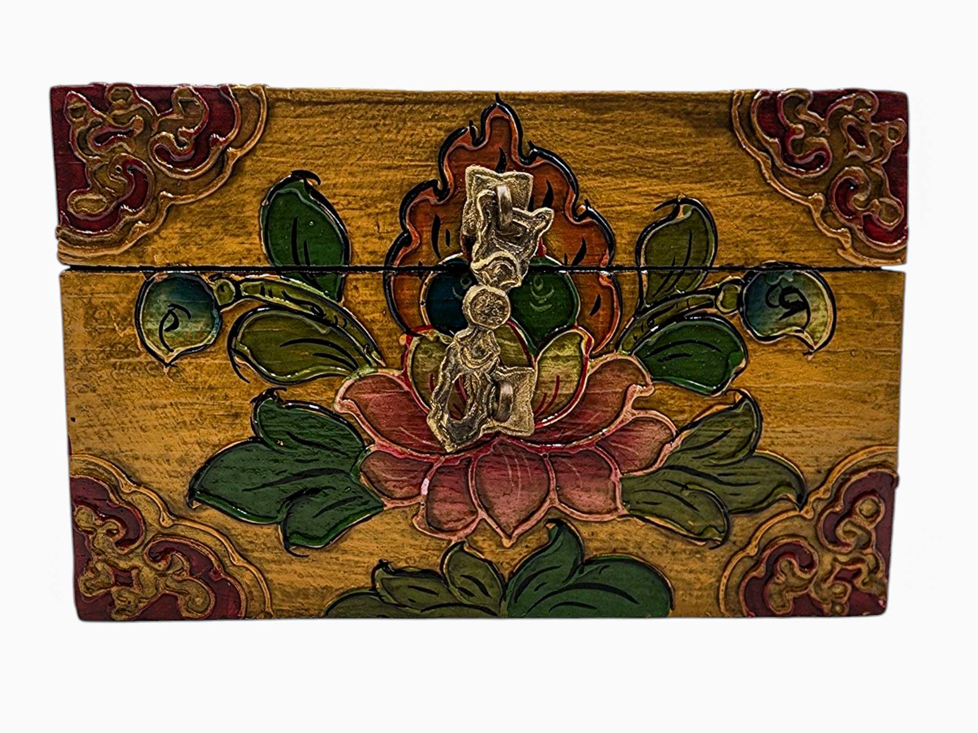 Buddhist Wooden Box, Tibetan Style <span Style=