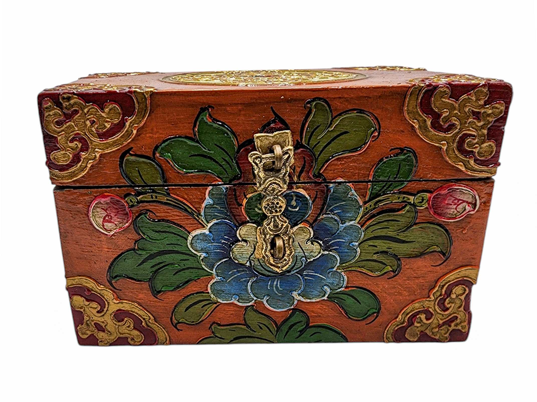 Buddhist Wooden Box, Tibetan Style <span Style=