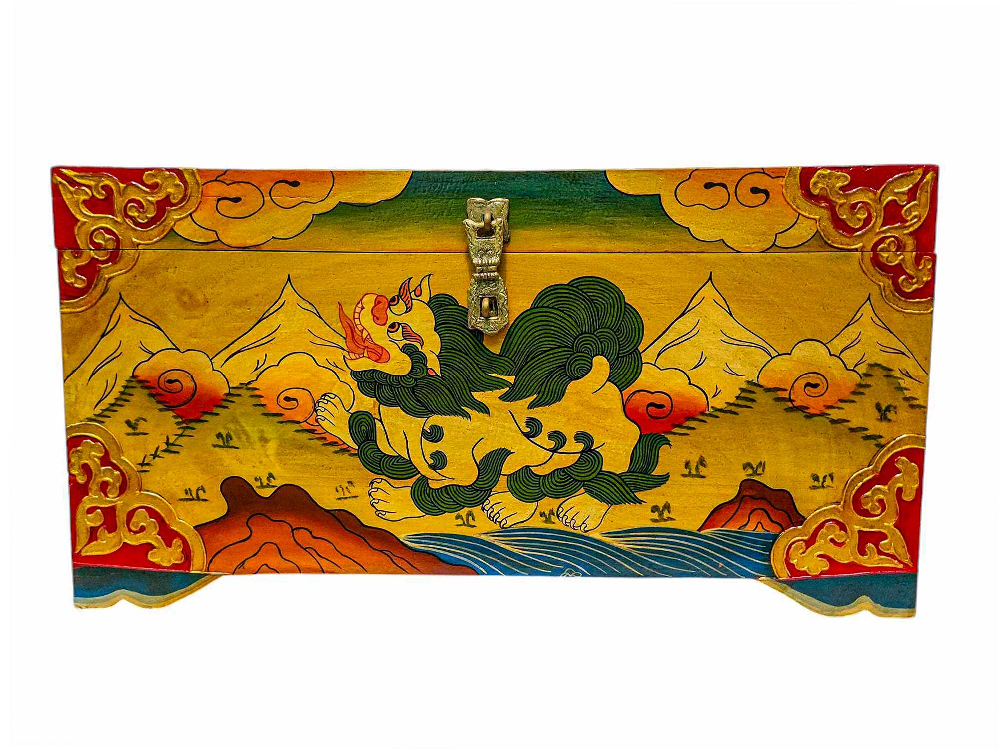 Buddhist Wooden Lion Box, Tibetan Style <span Style=