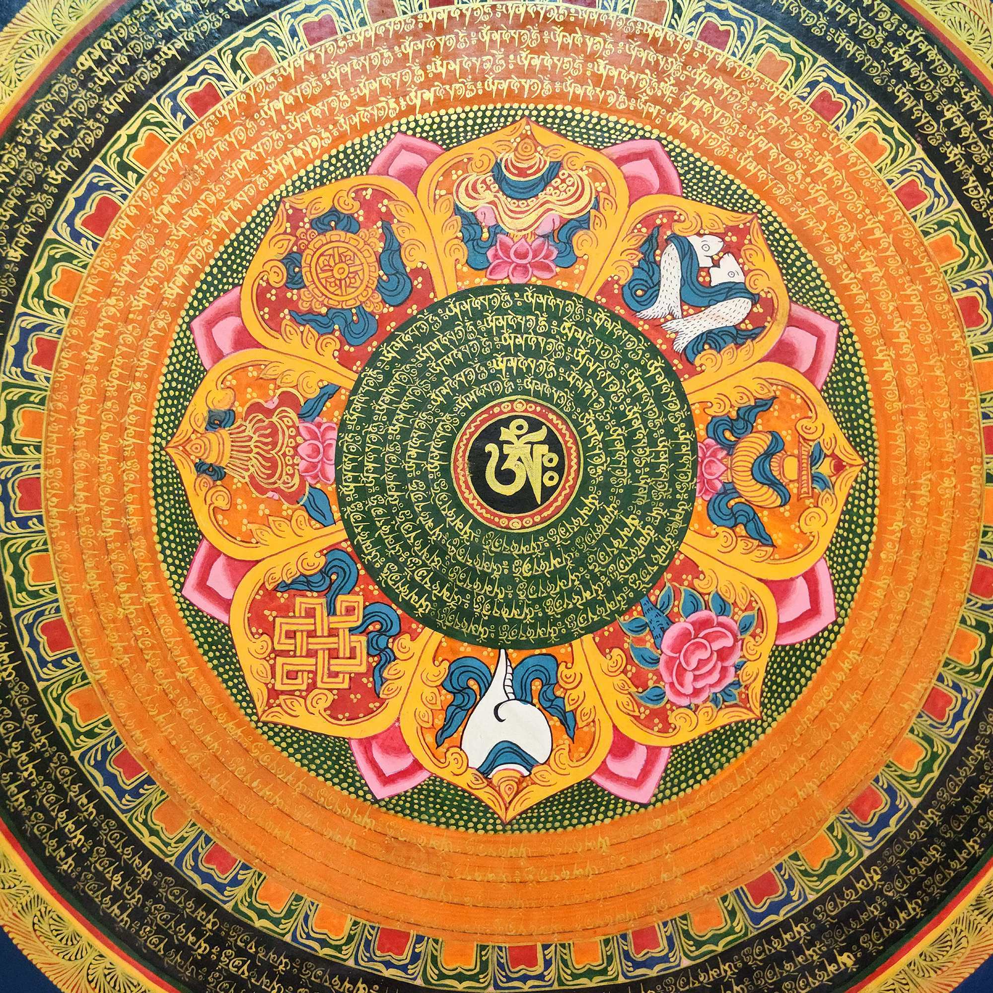 Buddhist Wooden Thangka With Mantra Carved, Tibetan Style With Traditional Colors