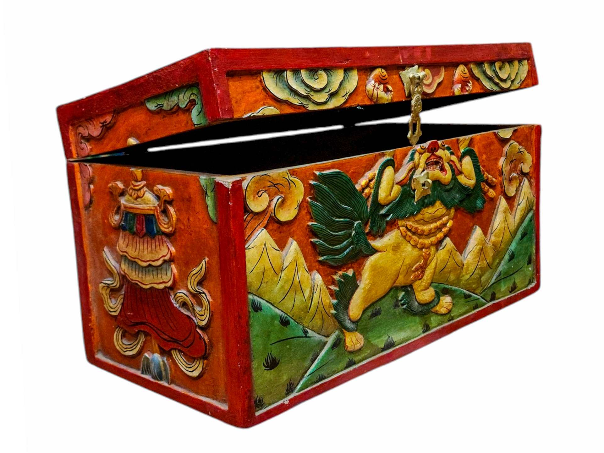 Buddhist Wooden Lion Carved Box, Tibetan Style <span Style=