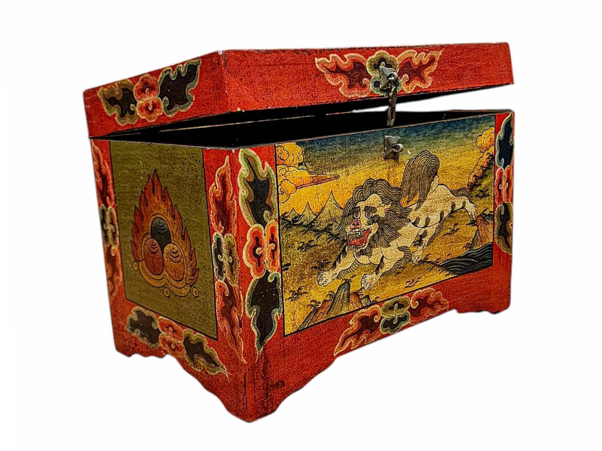 Buddhist Wooden Lion Box, Tibetan Style <span Style=