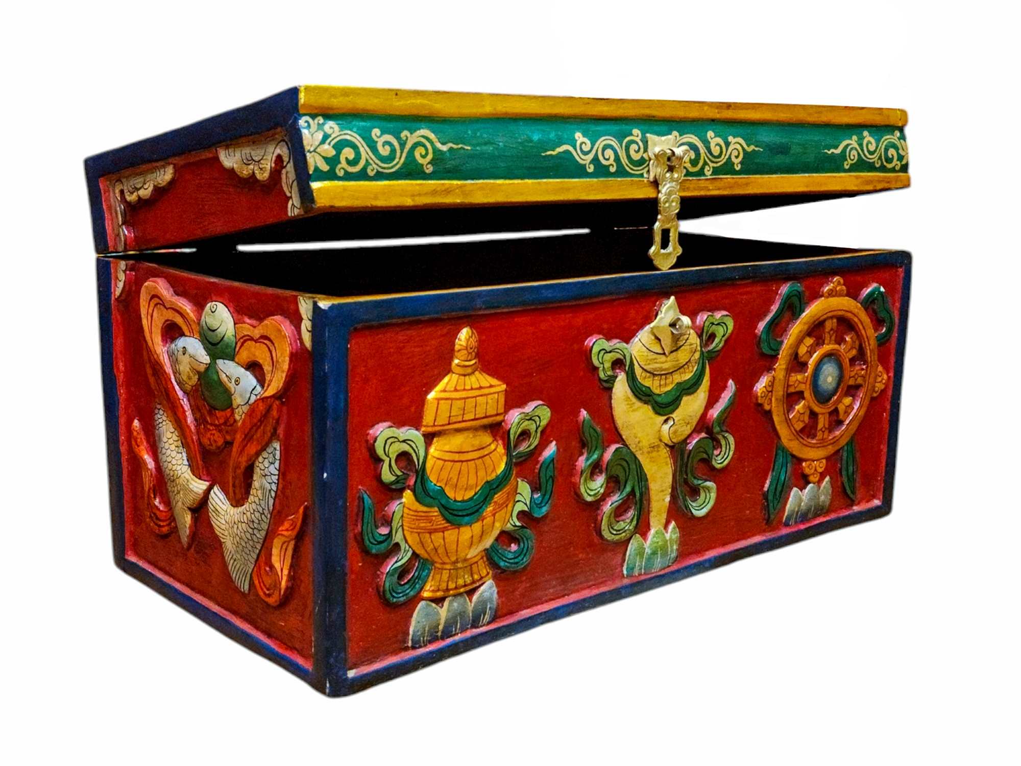 Buddhist Wooden Ashtamangala Carved Box, Tibetan Style <span Style=