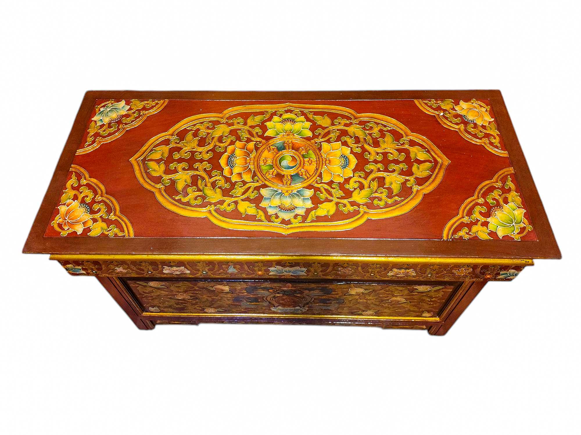 Tibetan Foldable Meditational Table With Fish And Flower Design, Wooden, painted, Hand Carved