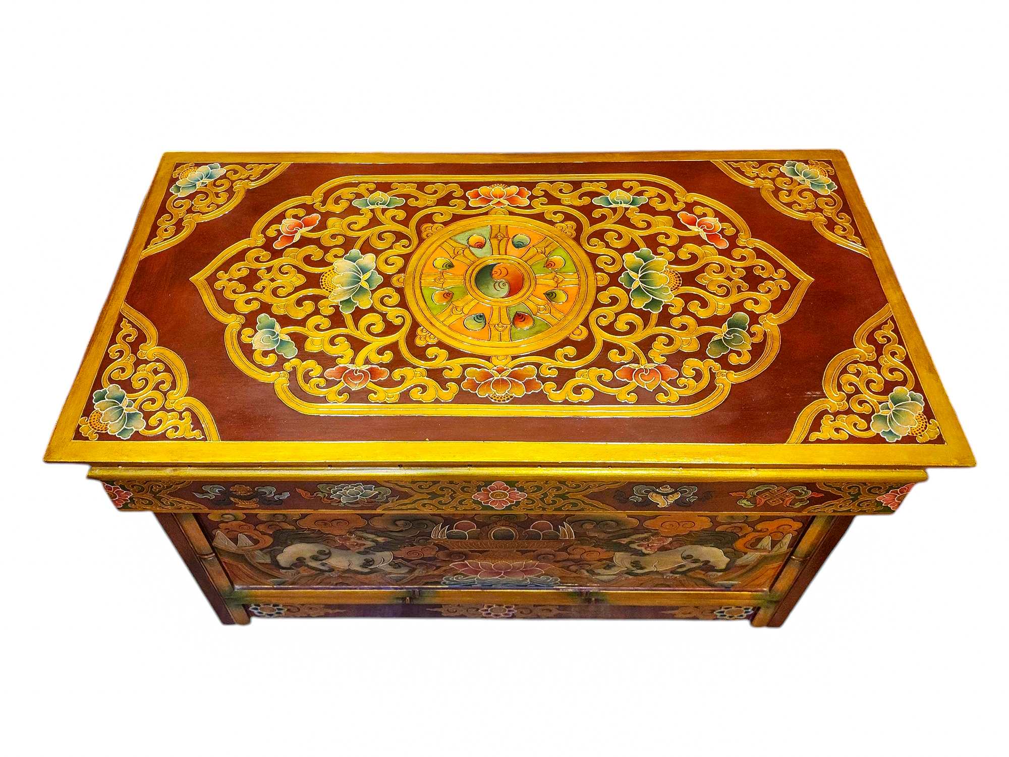 Tibetan Foldable Meditational Wooden Table With Temple Lion,painted, Hand Carved