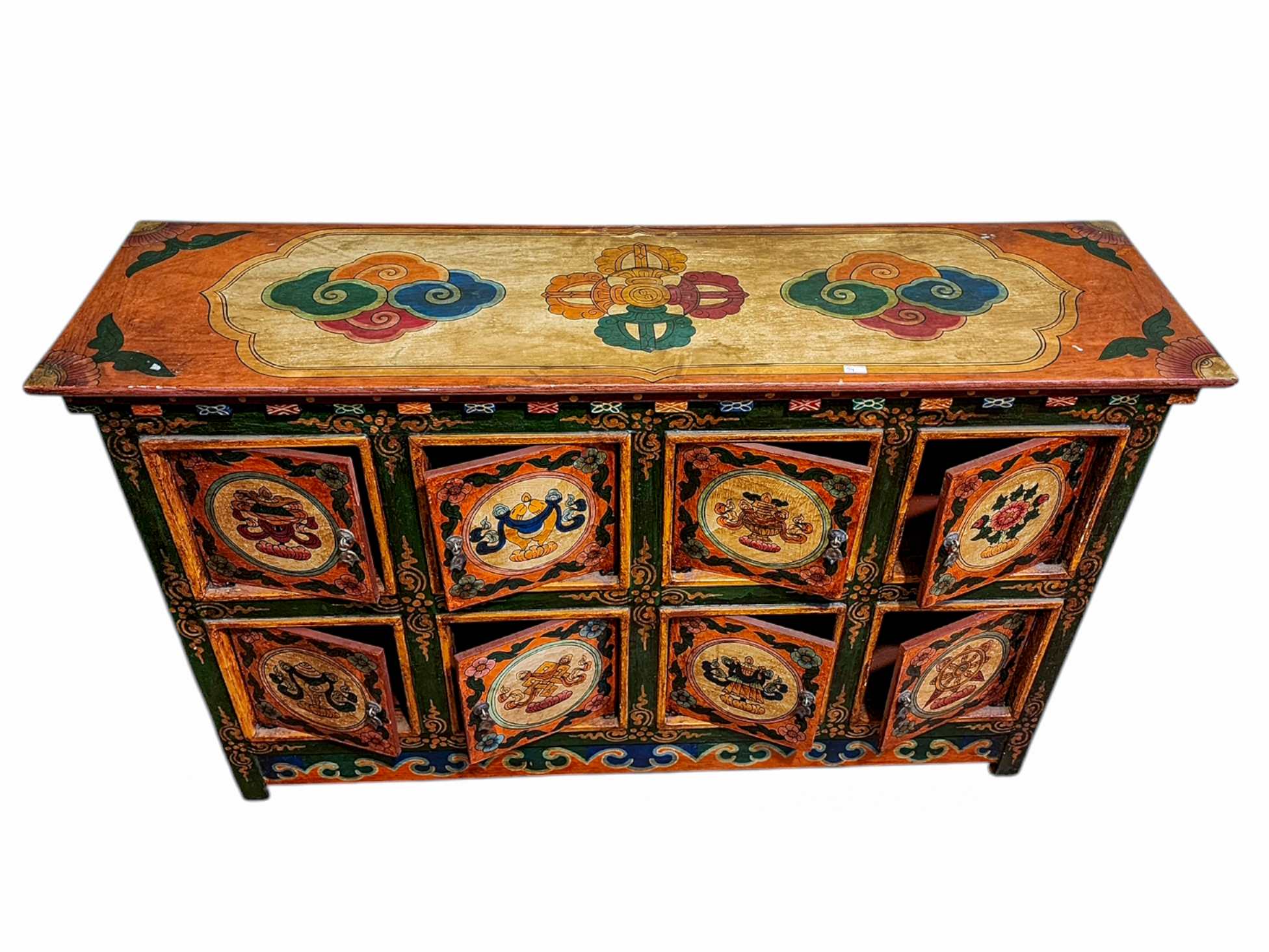 Tibetan Cabinet With Ashtamangala, Two Drawers And Two Doors, painted