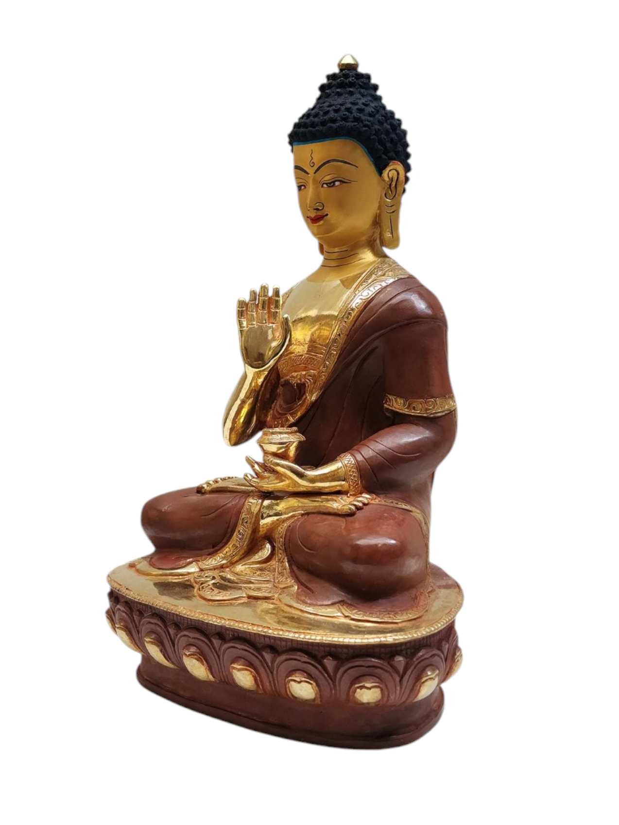 amoghasiddhi Buddha, Tibetan Buddhist Handmade Statue, Partly Gold Plated, Painted Face