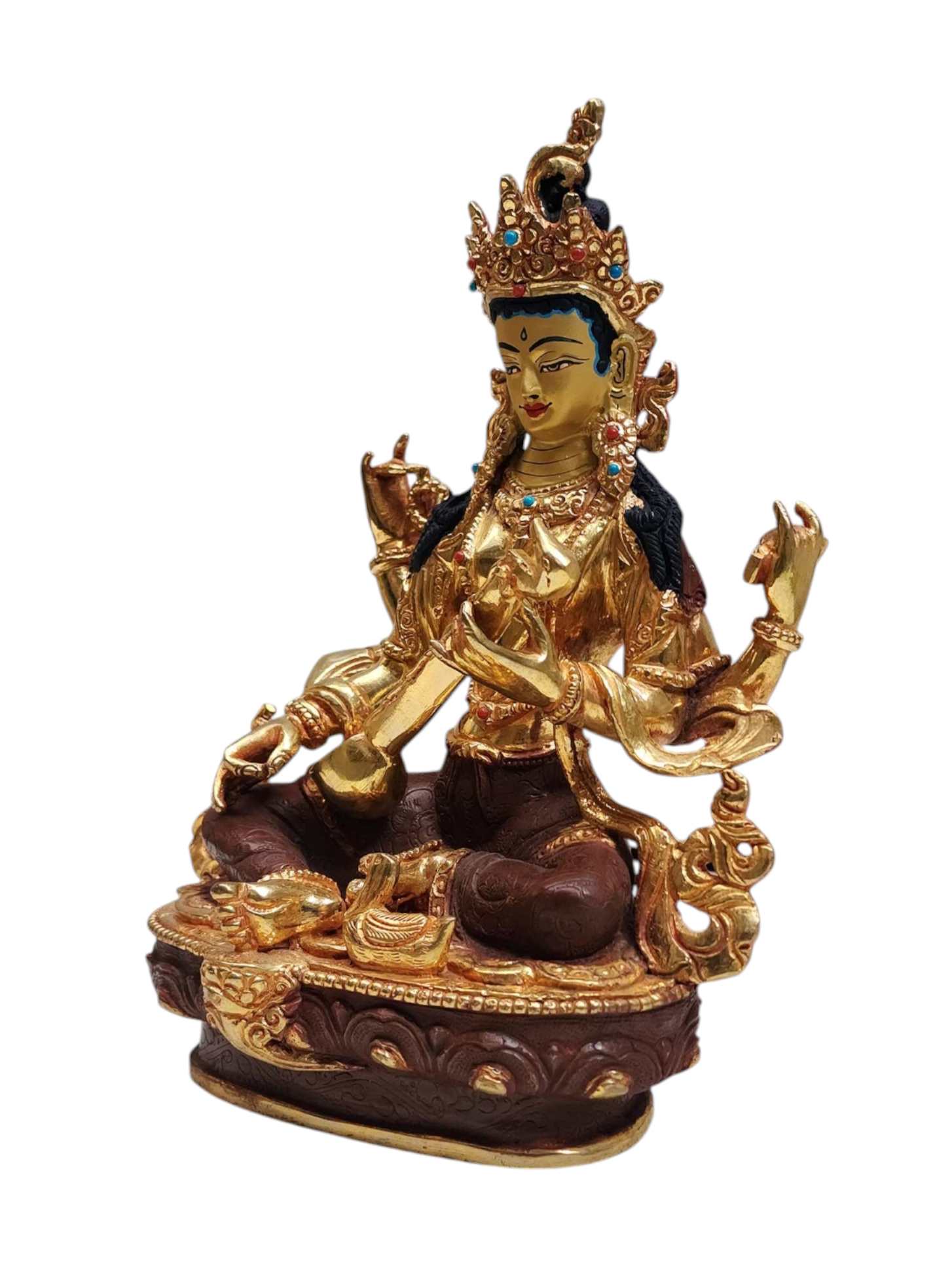 saraswati, Tibetan Buddhist Handmade Statue, Partly Gold Plated, Painted Face