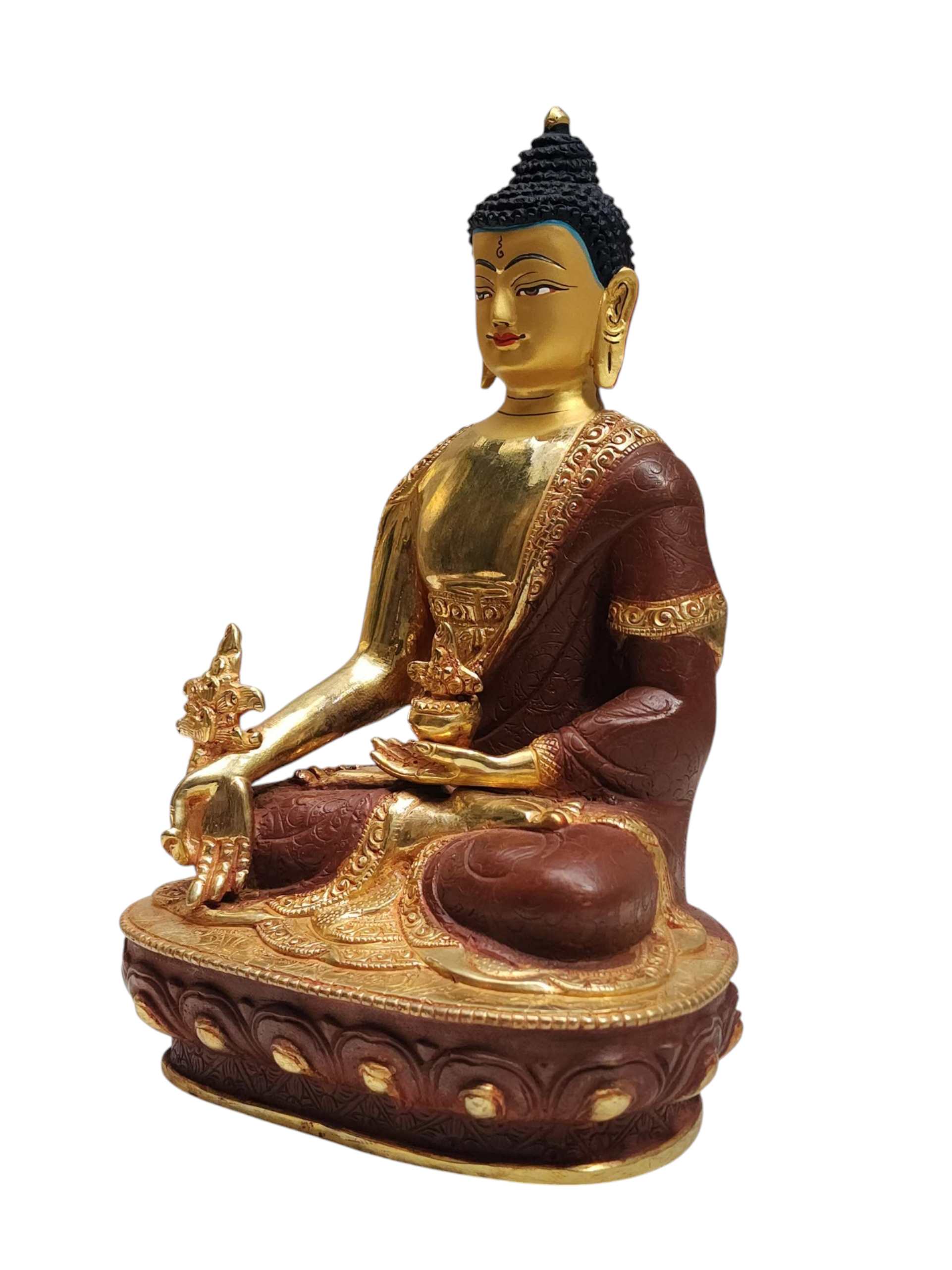 medicine Buddha, Tibetan Buddhist Handmade Statue, Partly Gold Plated, Painted Face