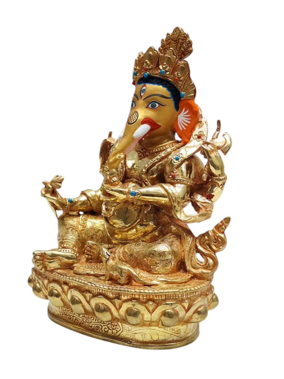 ganesh, Tibetan Buddhist Handmade Statue, Gold Plated, Painted Face