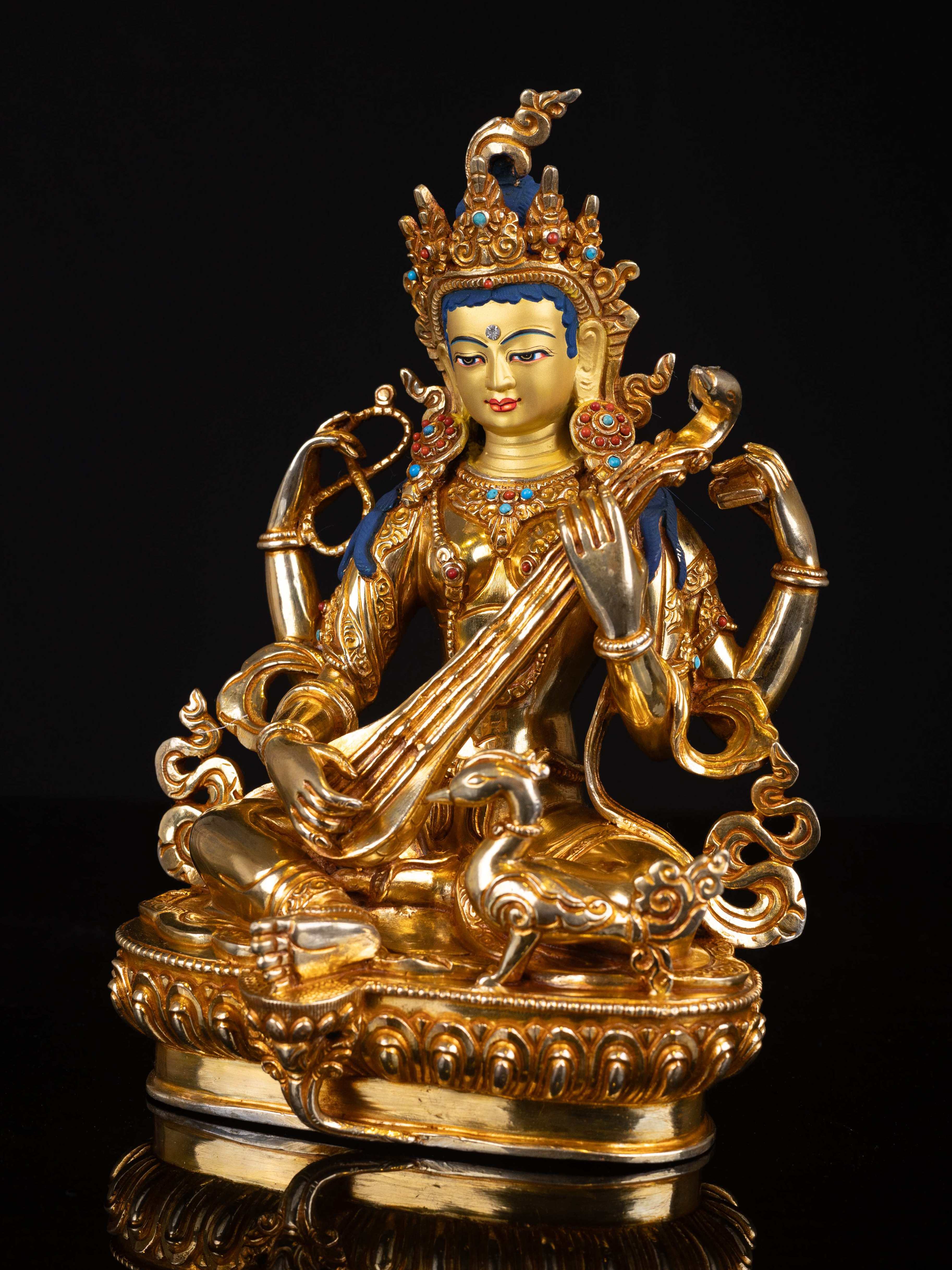 saraswati, Buddhist Handmade Statue, full Gold Plated, face Painted, High Quality