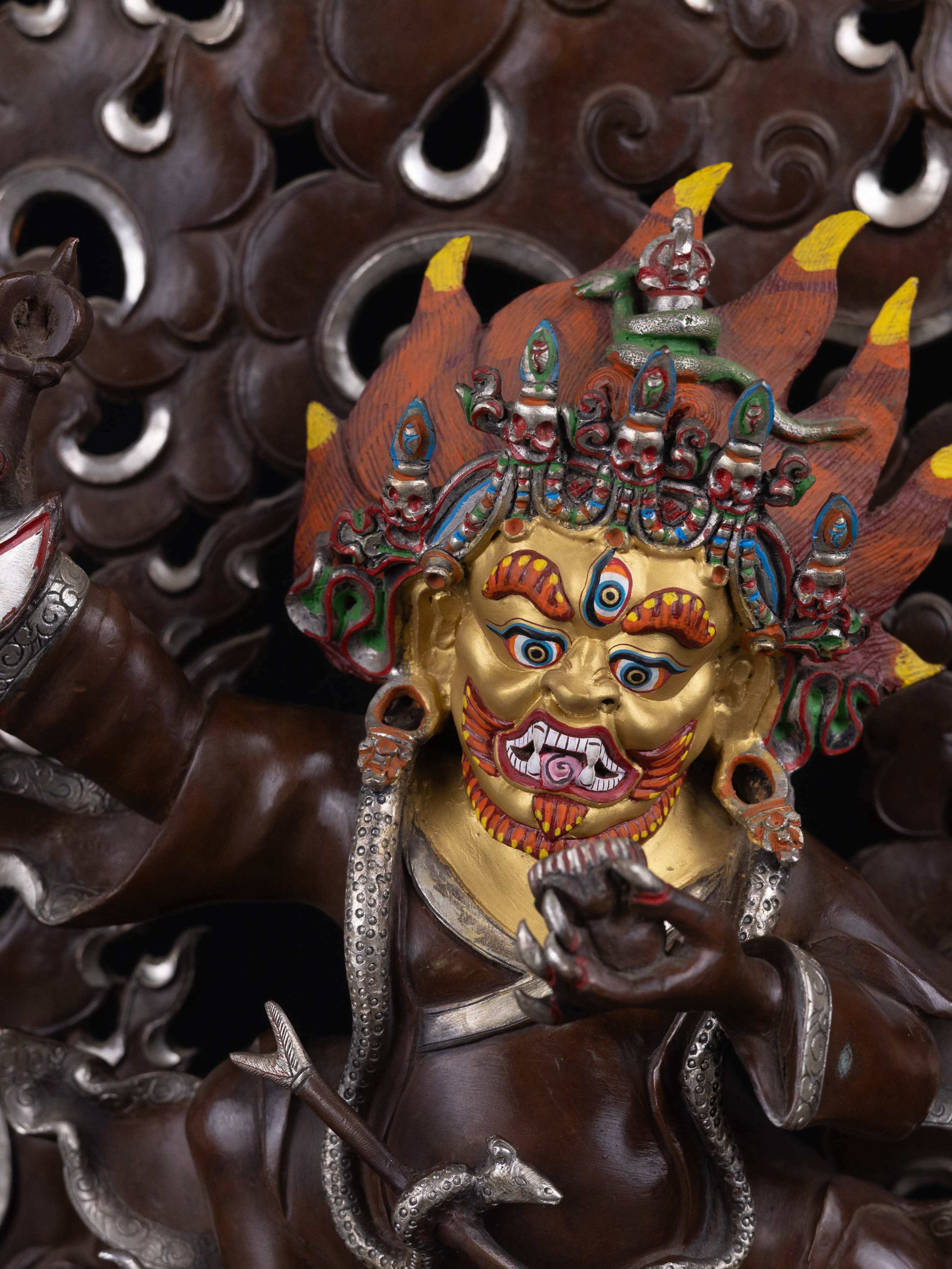 mahakala Two Arms, buddhist Handmade Statue, silver And Chocolate Oxidized And Face Painted, High Quality