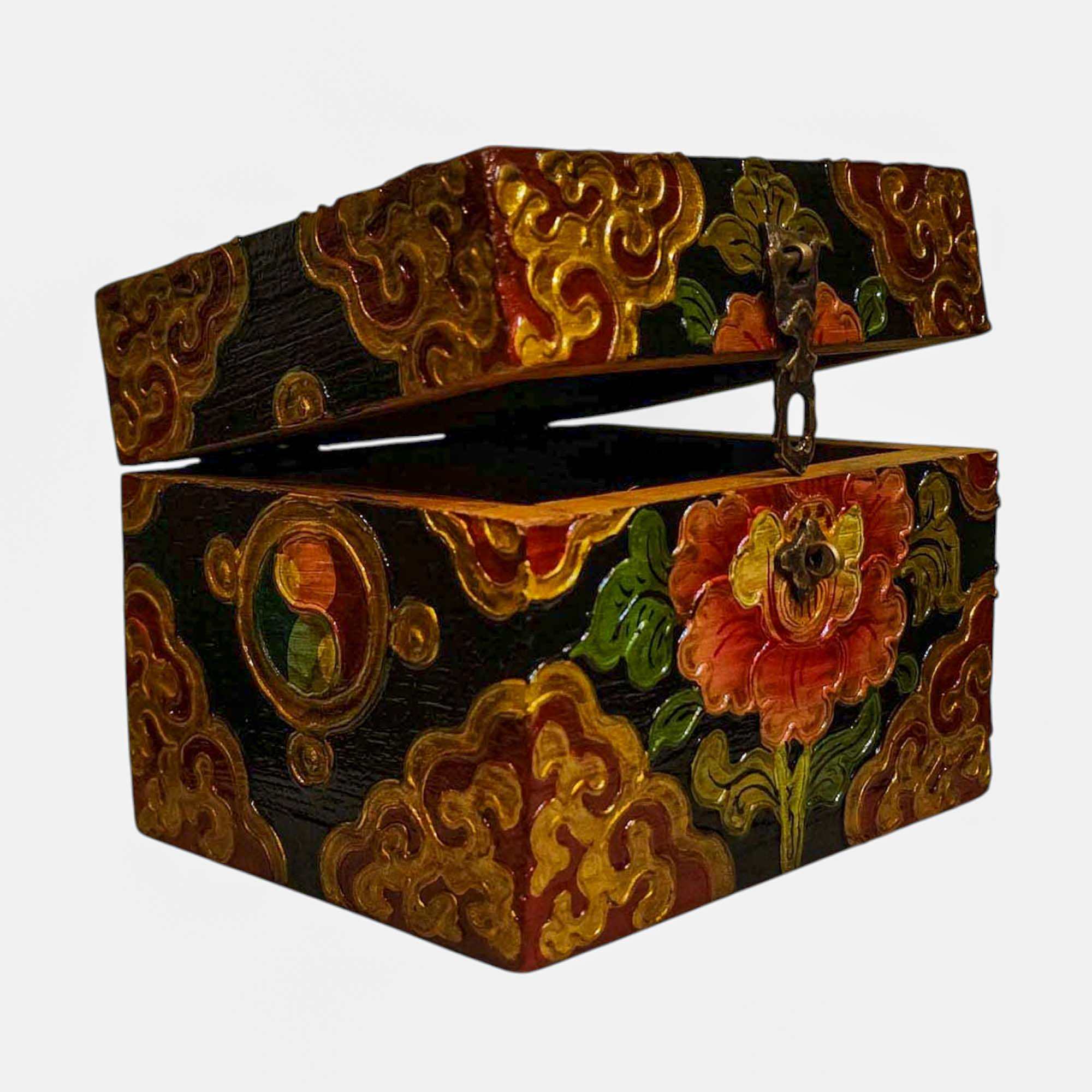 Buddhist Wooden Box, Tibetan Style <span Style=