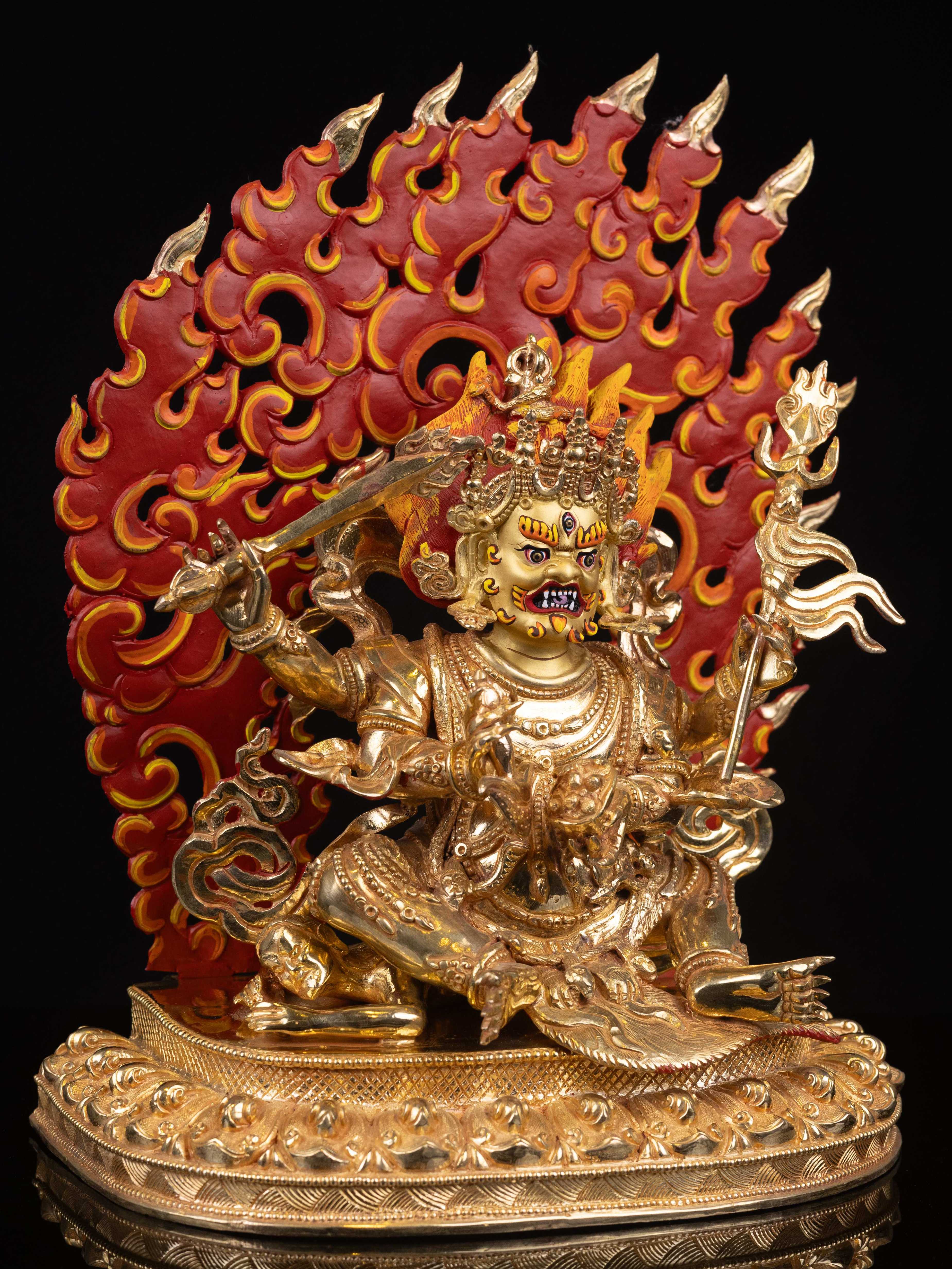 mahakala Four Arms, Buddhist Handmade Statue, full Gold Plated, face Painted And high Quality