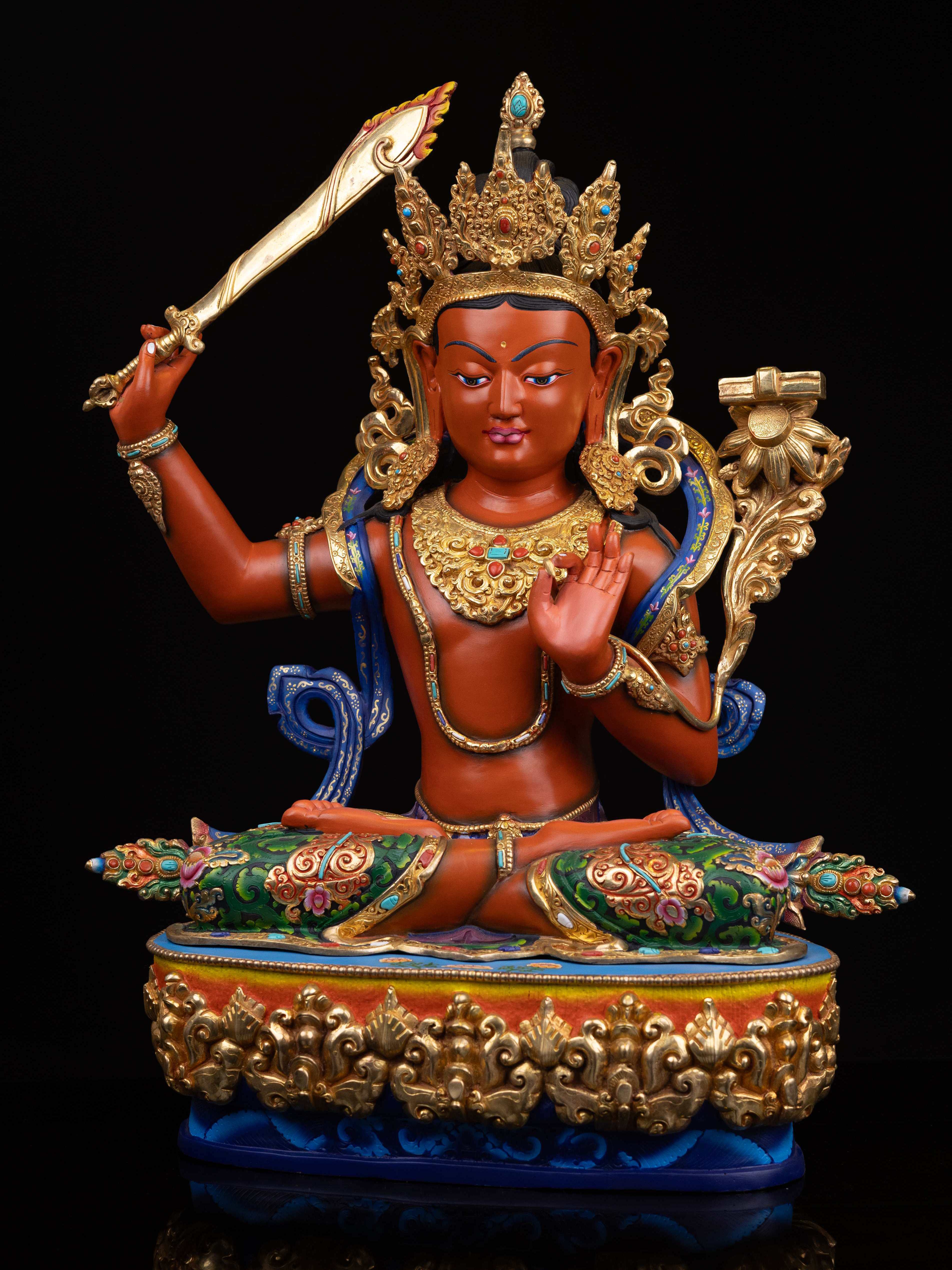 manjushri, Buddhist Handmade Statue, half Gold Plated, thangka Color Finishing, High Quality