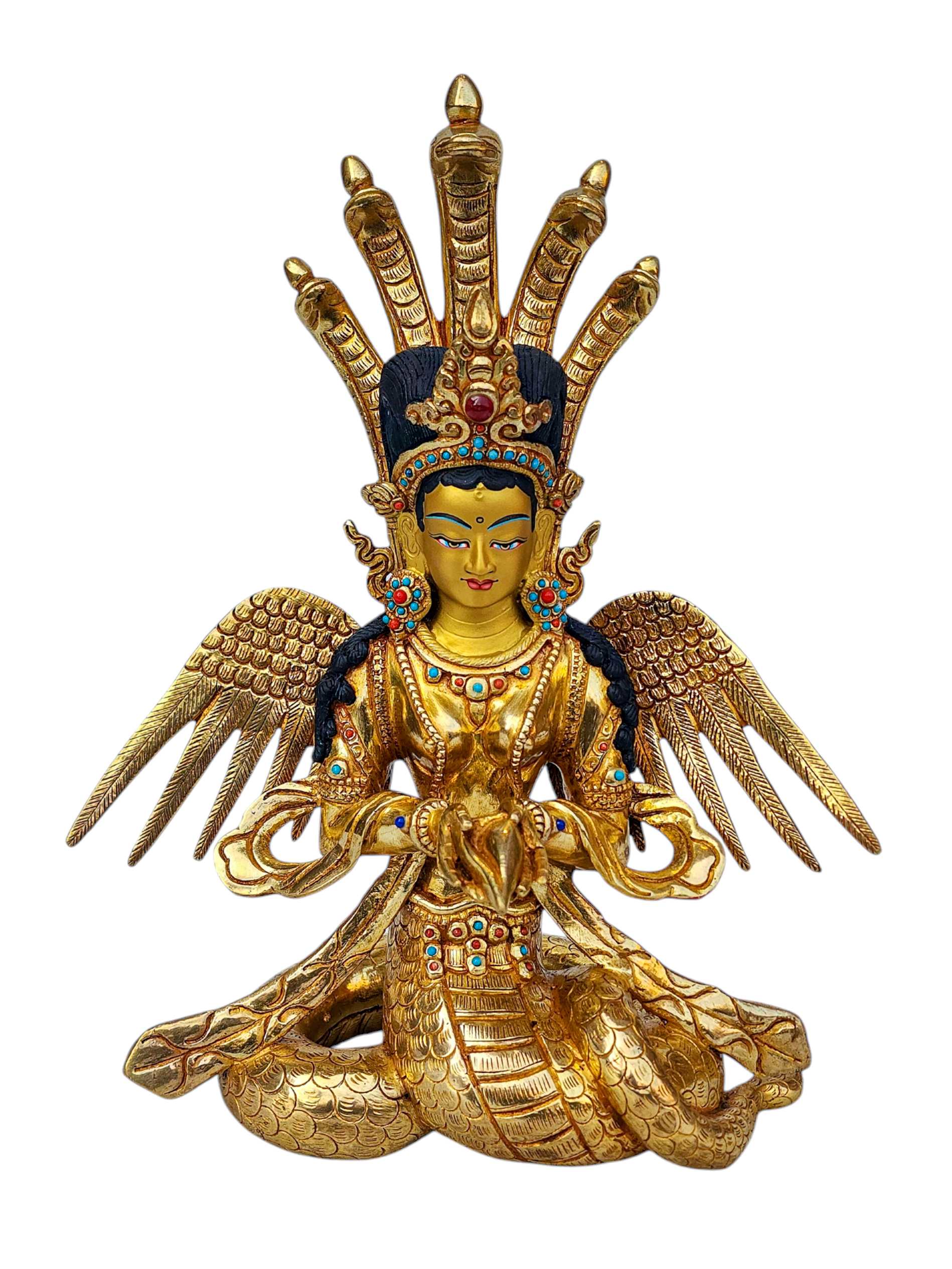 naga Kanya, Buddhist Handmade Statue, full Gold Plated, face Painted, stone Setting And high Quality