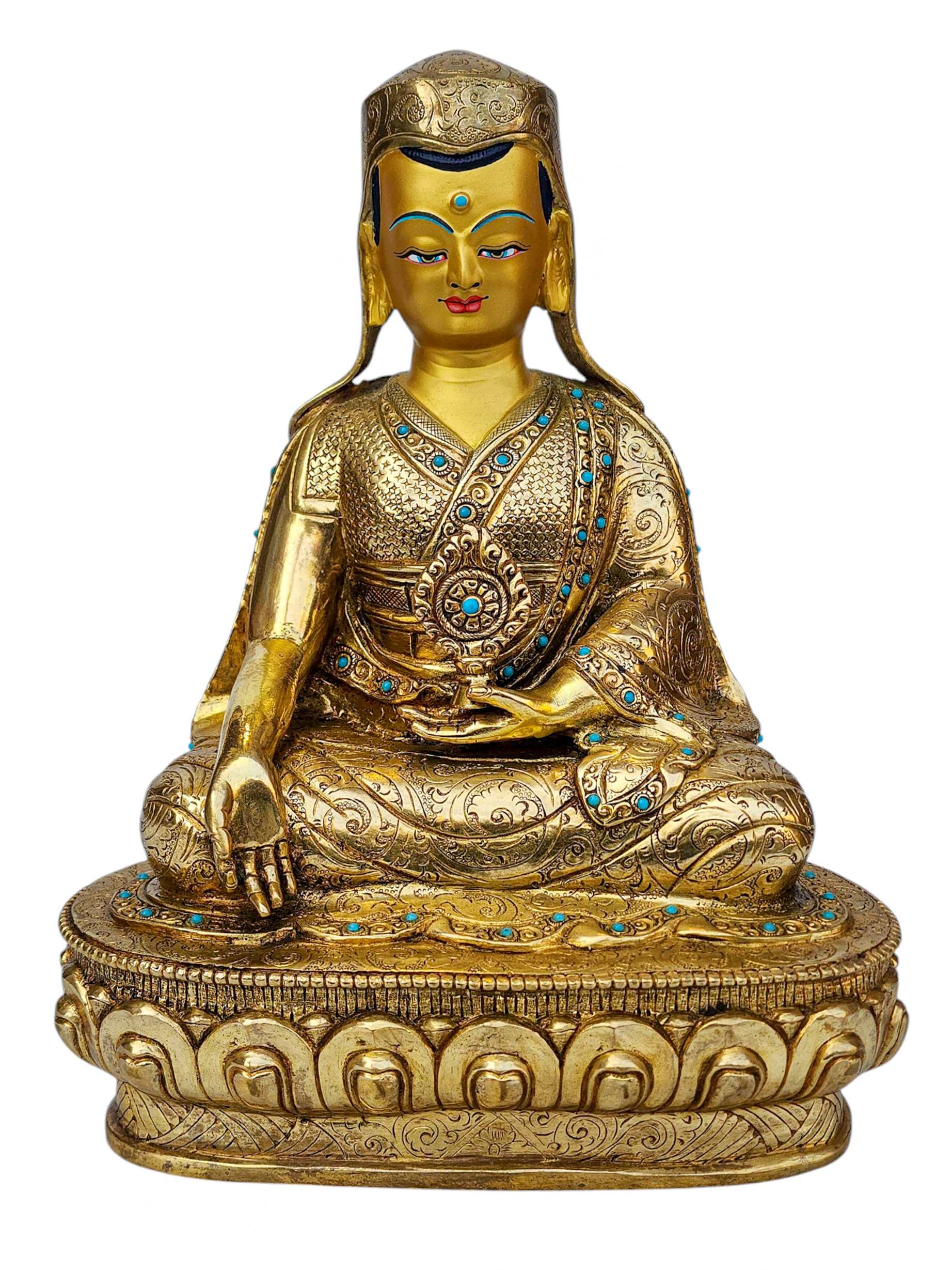 sakyapa Set, Buddhist Handmade Statue, full Gold Plated, face Painted, stone Setting And high Quality