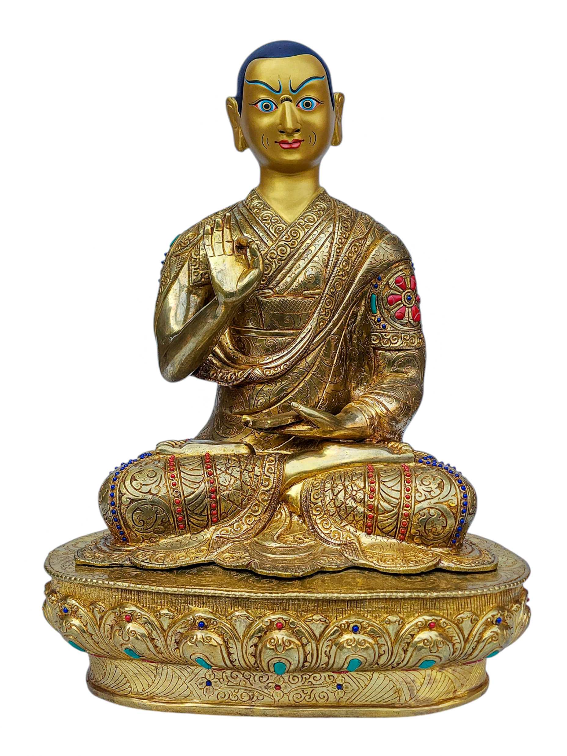 tsongkhapa Set, Buddhist Handmade Statue, full Gold Plated, face Painted, stone Setting And high Quality