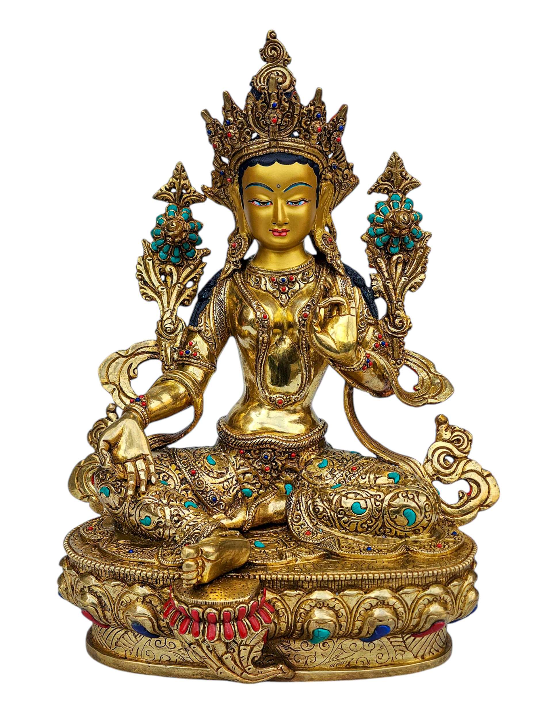 green Tara, Buddhist Handmade Statue, full Gold Plated, face Painted, stone Setting And high Quality