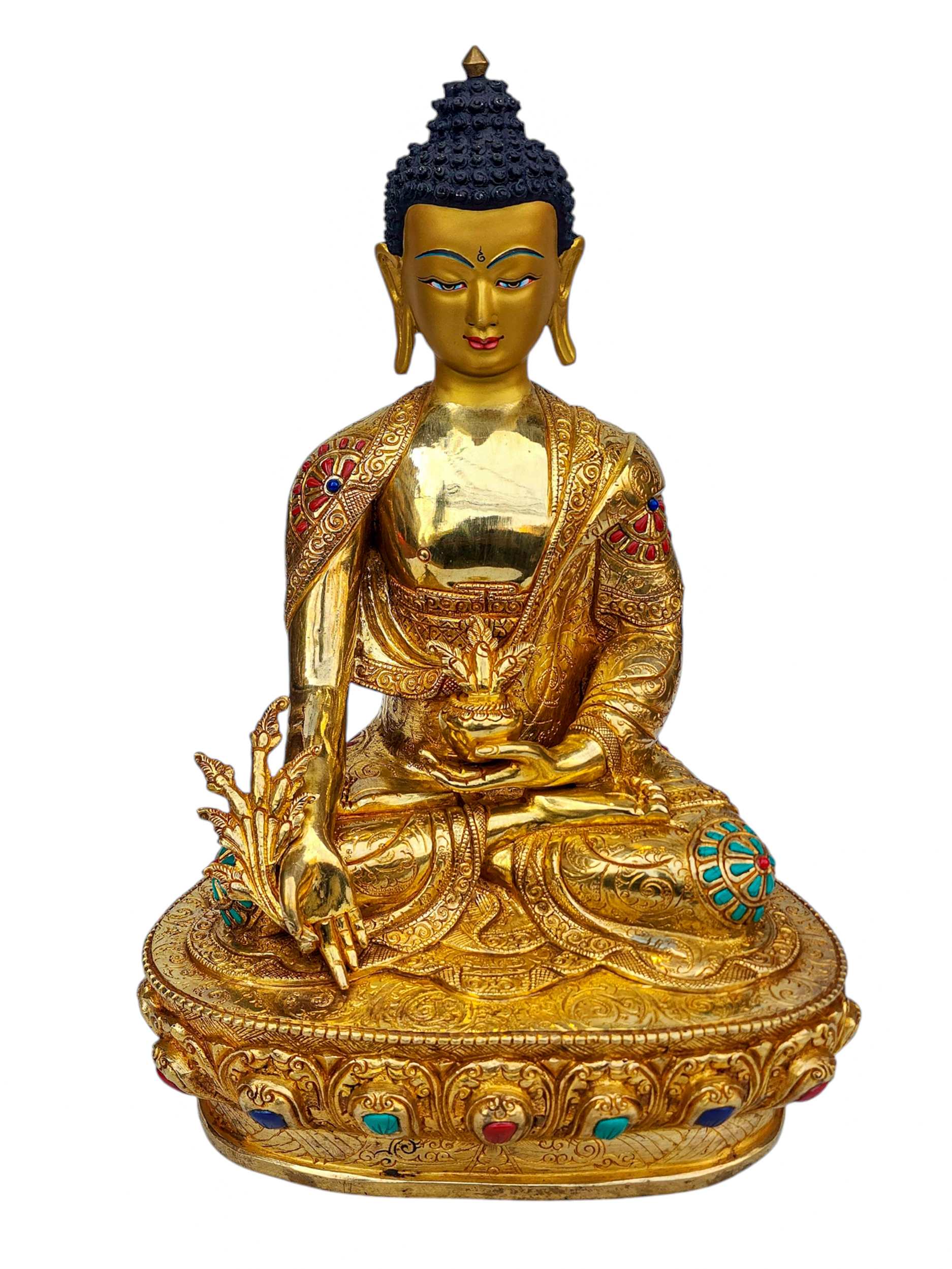 medicine Buddha, Buddhist Handmade Statue, full Gold Plated, face Painted, stone Setting And high Quality