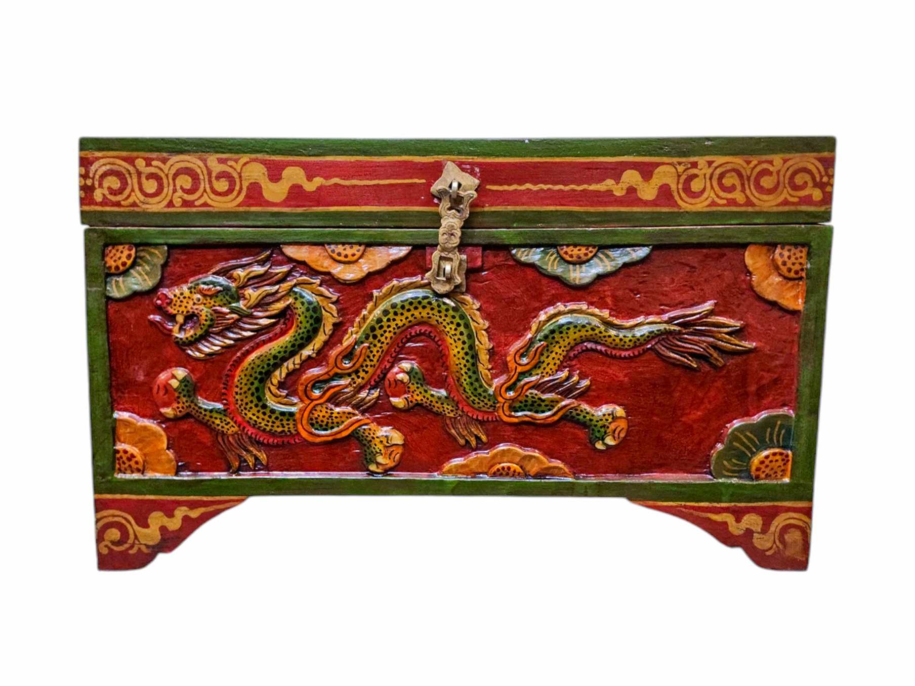 Buddhist Wooden Box With Dragon Carved, Tibetan Style With Traditional Colors