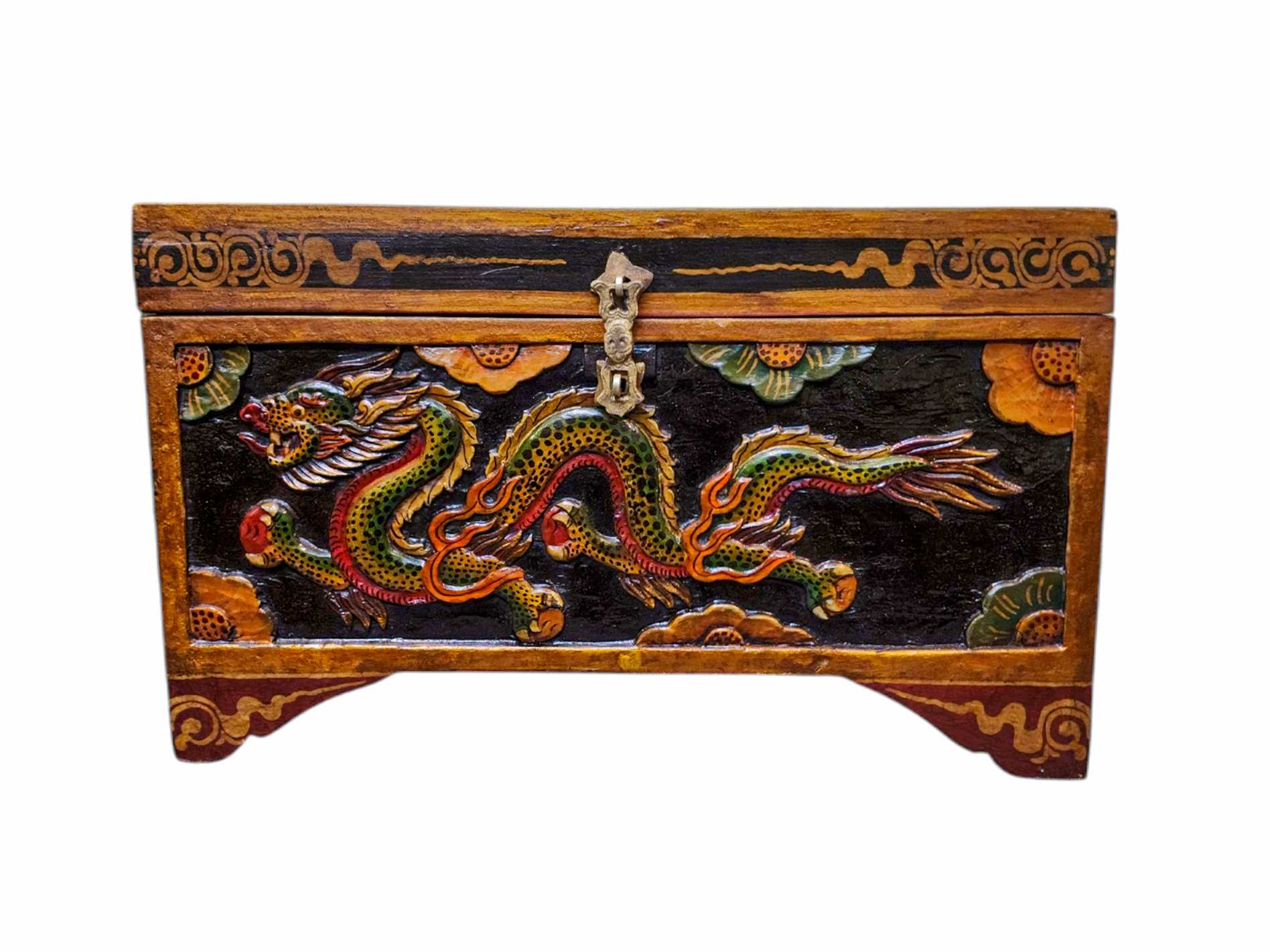 Buddhist Wooden Box With Dragon Carved, Tibetan Style With Traditional Colors