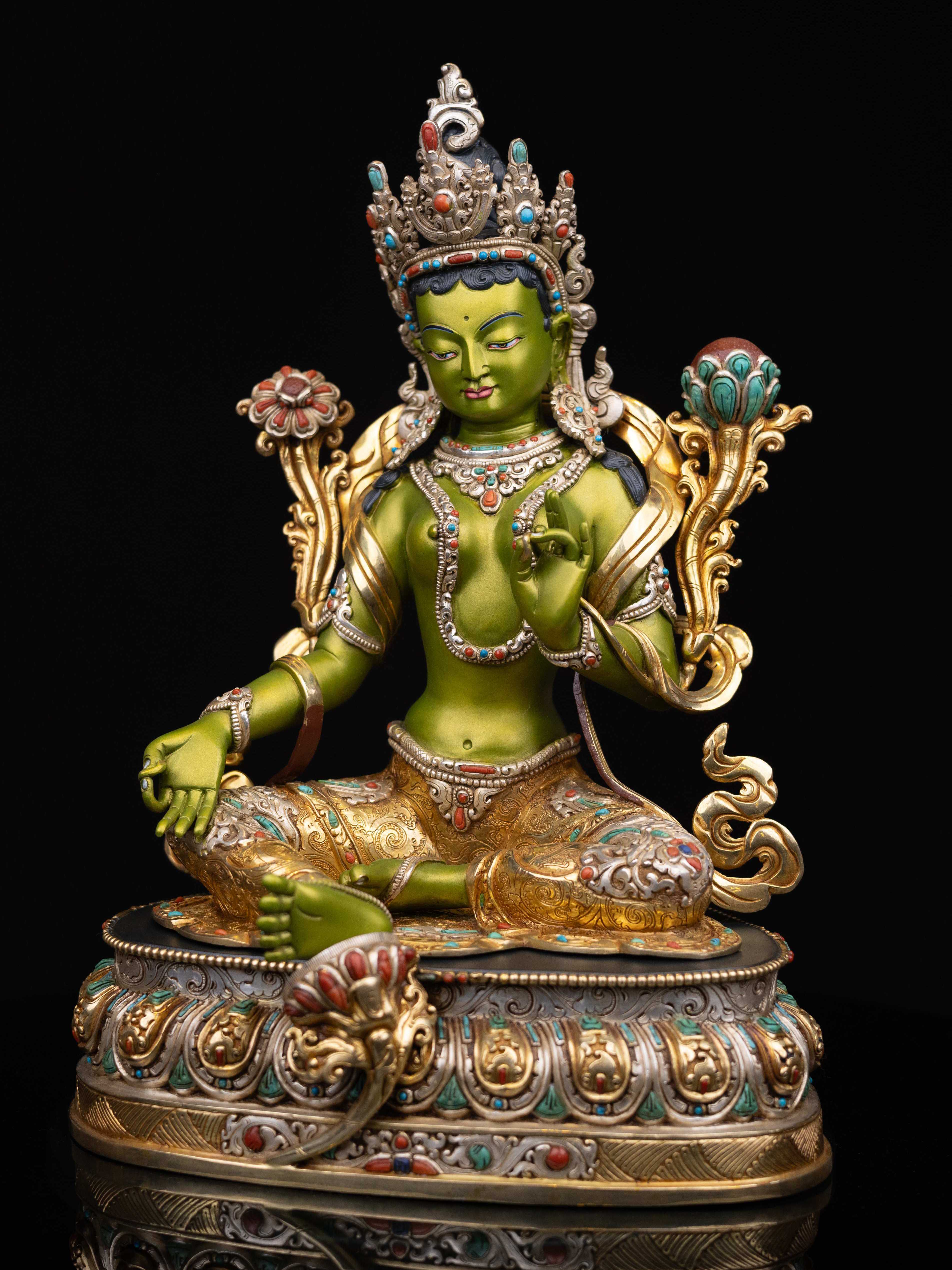 green Tara, Buddhist Handmade Statue, silver And Gold Plated With Traditional Color Finishing, face Painted And high Quality