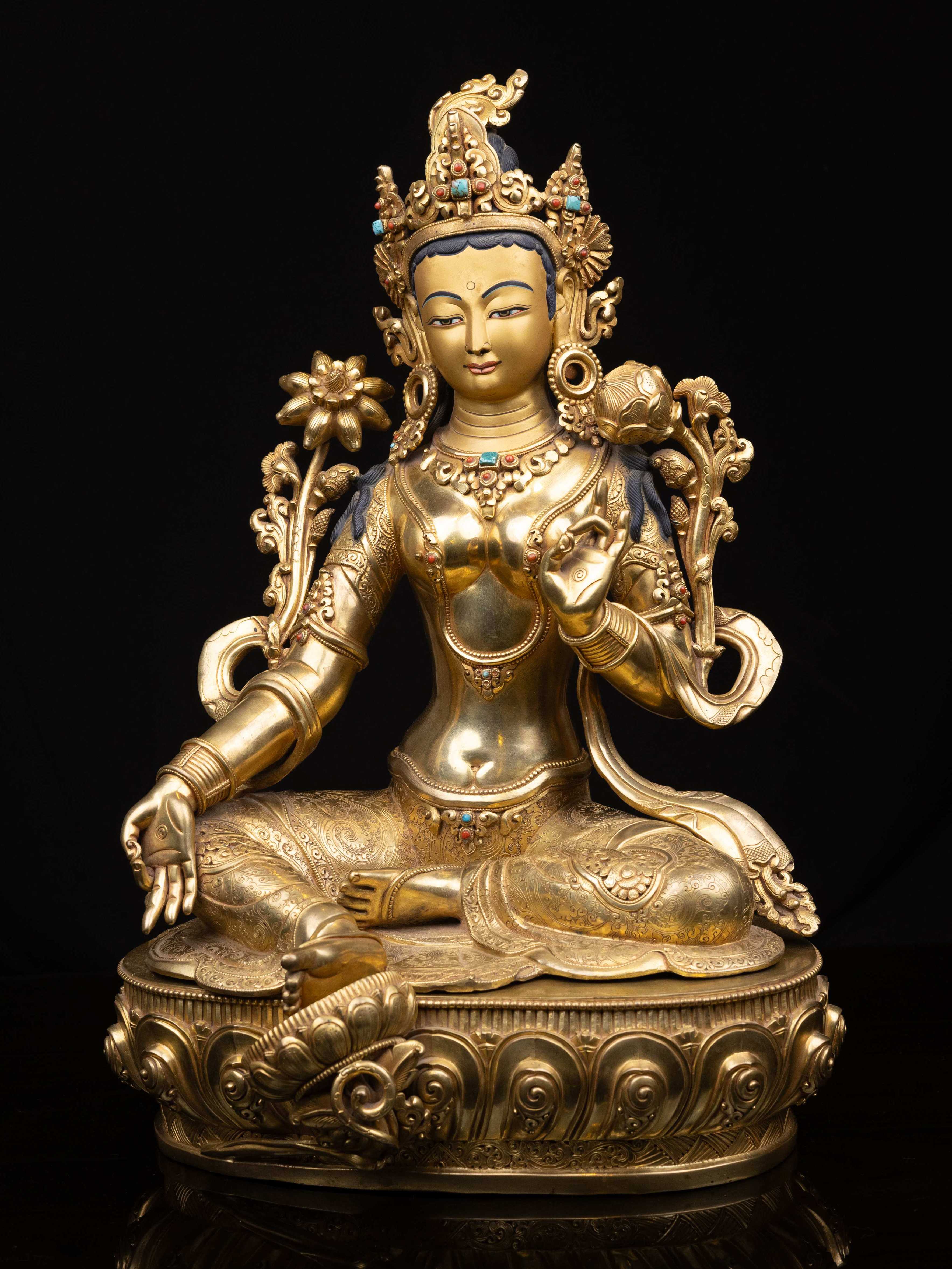 green Tara, Buddhist Handmade Statue, full Gold Plated, face Painted And high Quality