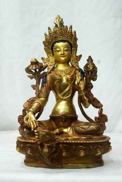 Green Tara Statue, [partly Gold Plated], [painted Face], [old Post], [remakable]