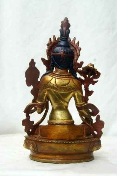 Green Tara Statue, [partly Gold Plated], [painted Face], [old Post], [remakable]