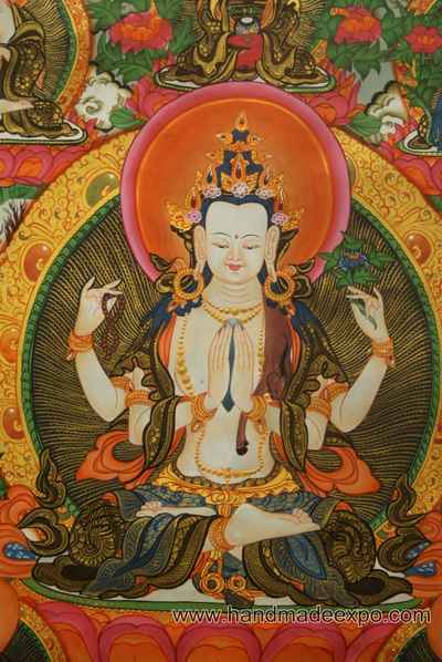 Chenrezig Thangka With Pancha Buddha, [old Post], [remakable]