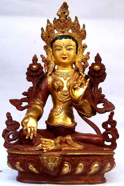 Green Tara, [partly Gold Plated], [painted Face], [old Post], [remakable]