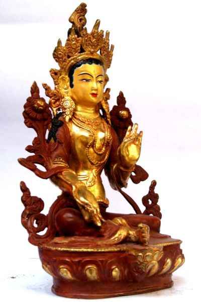 Green Tara, [partly Gold Plated], [painted Face], [old Post], [remakable]