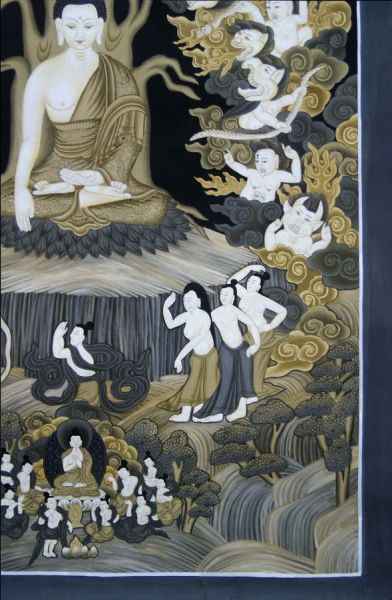 Shakyamuni Buddha Meditation And Maras Grayscale Newari Thangka, [sold]