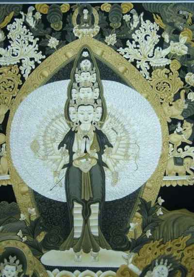 Sahasrabhuja Avalokitesvara Grayscale Newari Thangka