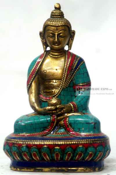 Amitabha Buddha Statue With Turquoise And Coral [stone Setting]