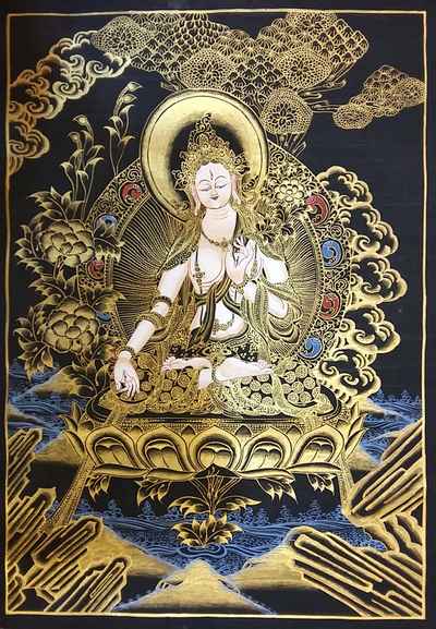 White Tara - Black And Gold Thangka