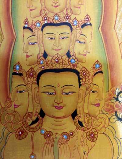 Buddhist Hand Painted Thangka Sahasrabhuja Avalokitesvara With Pancha Buddha, Manjushree And Vajrapani [real Gold]