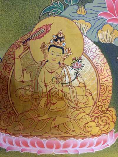 Buddhist Hand Painted Thangka Sahasrabhuja Avalokitesvara With Pancha Buddha, Manjushree And Vajrapani [real Gold]