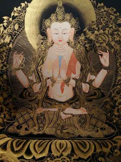 Buddhist Hand Painted Thangka Of Chenrezig, With Manjushri And Vajrapani