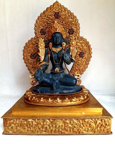 Lapis Green Tara With fire Gold Plated, Metal Background And Base