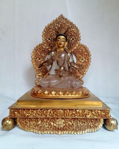 Crystal Vajrasattva With fire Gold Plated, Metal Background And Base