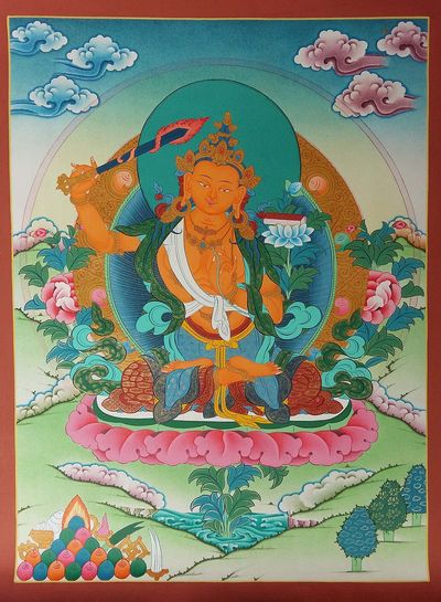 Manjushri High Quality Stone Color Thangka, [sold]