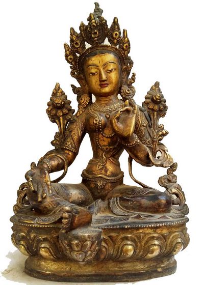 Green Tara [fire Gold Plated], [painted Face] And [antique Finishing], [old Post], [remakable]