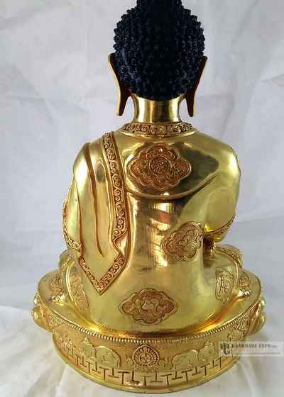 Statue Of Shakyamuni Buddha- [full Fire Gold Plated], With [painted Face]
