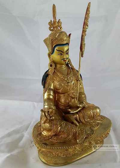 Statue Of Padmasambhava- [full Fire Gold Plated], With [painted Face]
